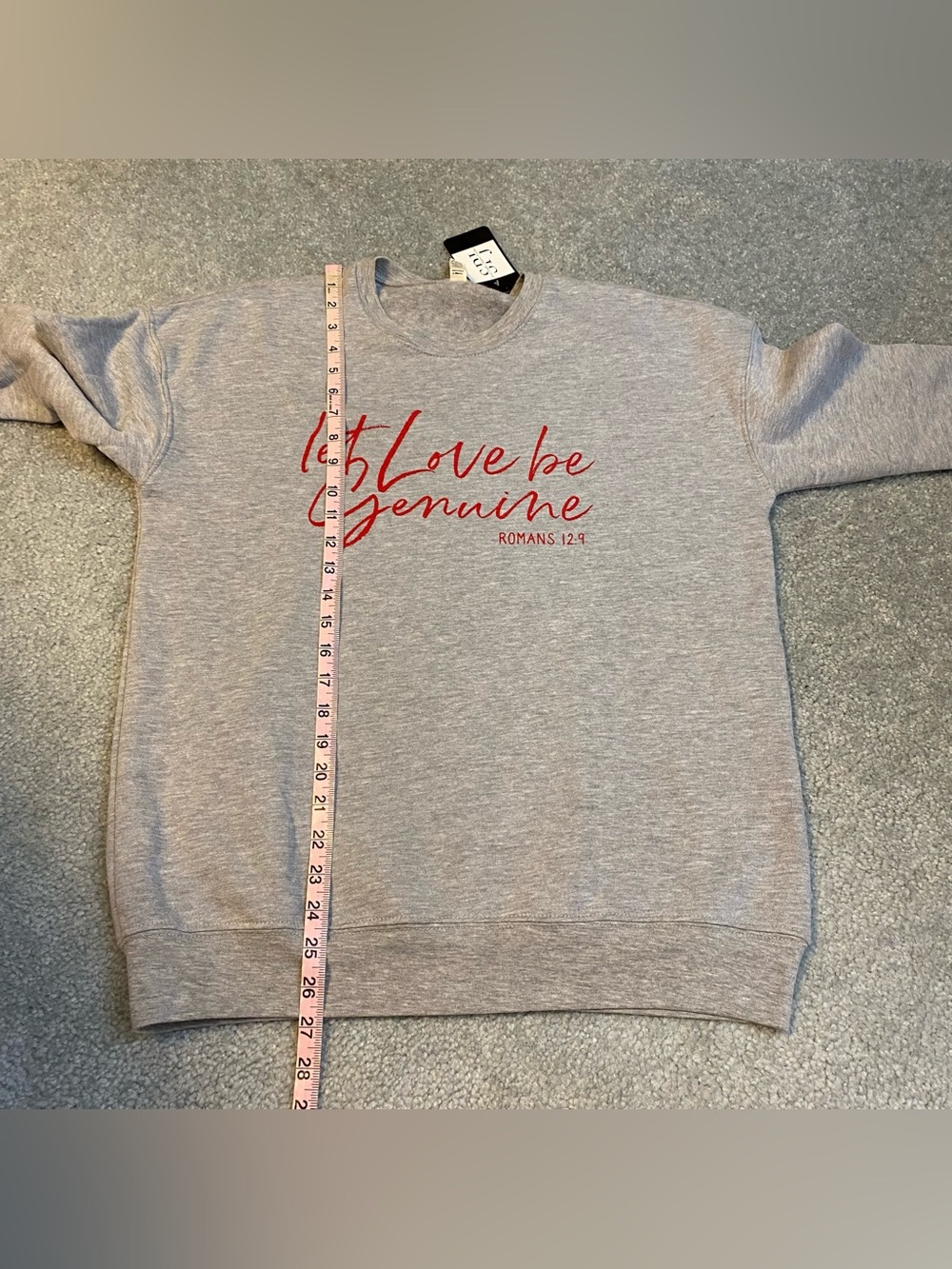 Let Love Be Genuine Bible Verse Romans Grey Crewneck Pullover NWT Womens Medium - Picture 7 of 7